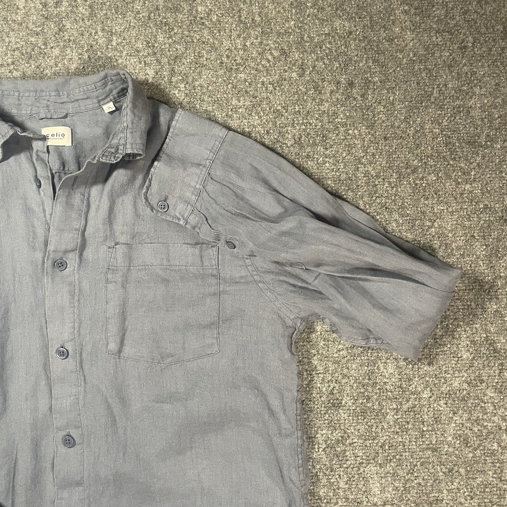 Mens Linen Button Up Shirt Long Sleeve Medium 39-40 Steel Blue Resortwear Celio‎